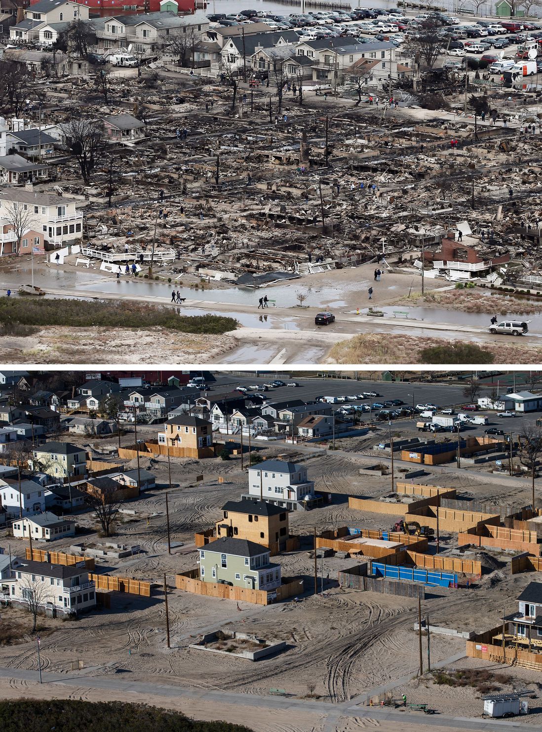 [Top] The remains of burned homes are surrounded by water due to Superstorm Sandy in the Breezy Point neighborhood of the Queens borough of New York City October 31, 2012. [Bottom] Newly built homes and vacant lots are shown in the Breezy Point neighborhood of the Queens borough of New York City October 21, 2013.